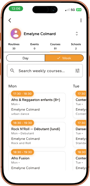 Cours réguliers listés sur le profil prof DANC·R